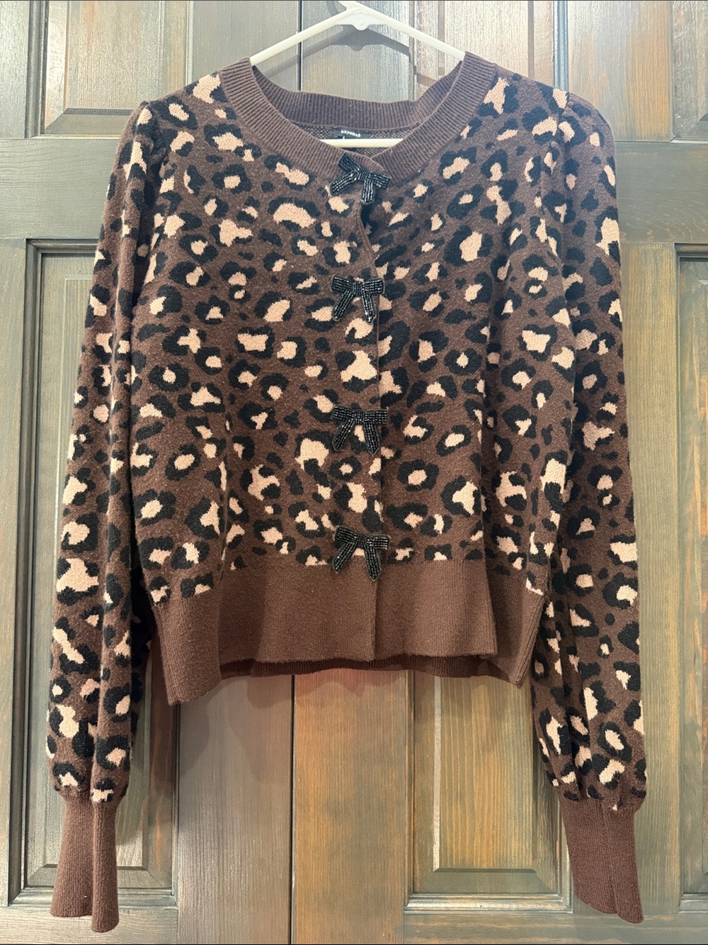 Women’s Brown Leopard Print Sweater Cardigan express medium bow buttons